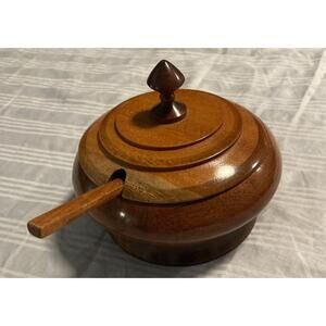 Round Wood Handcrafted Sugar Bowl Crock With Lid & Spoon Checked Natural Wood